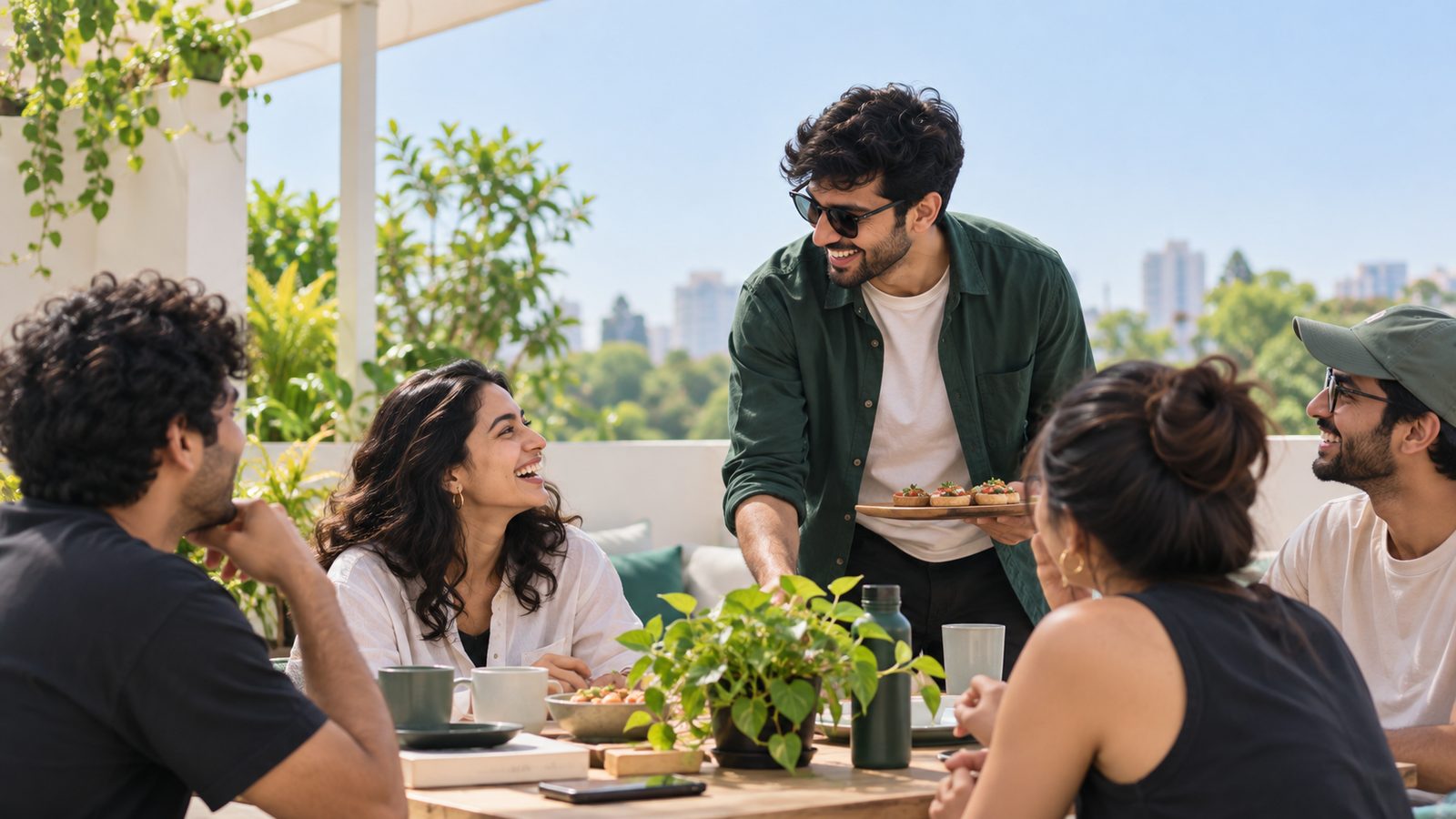 Friends sharing a meal on a rooftop