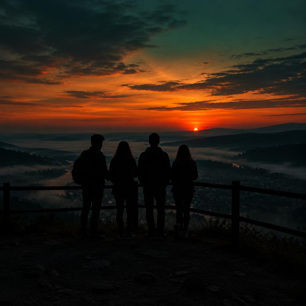 Sunset Chase event — friends silhouetted against a sunset